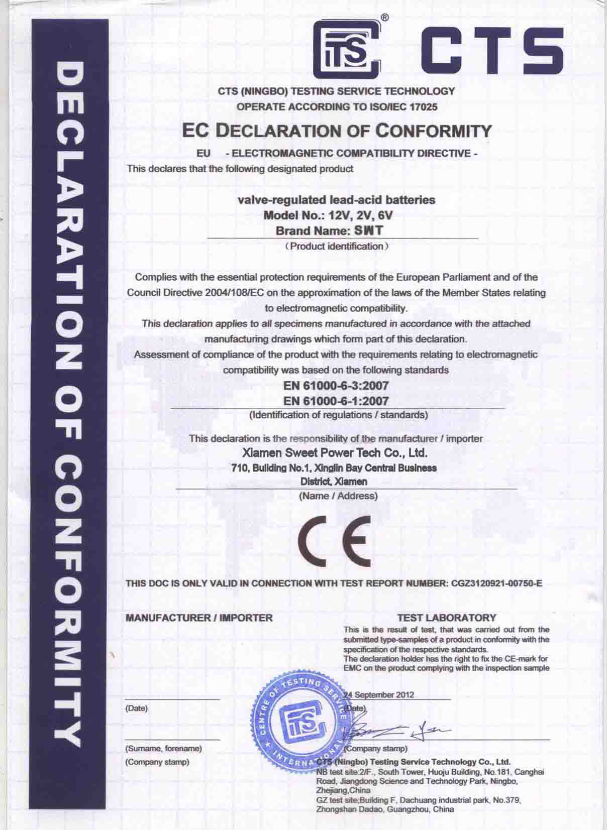 Certification CE de la batterie