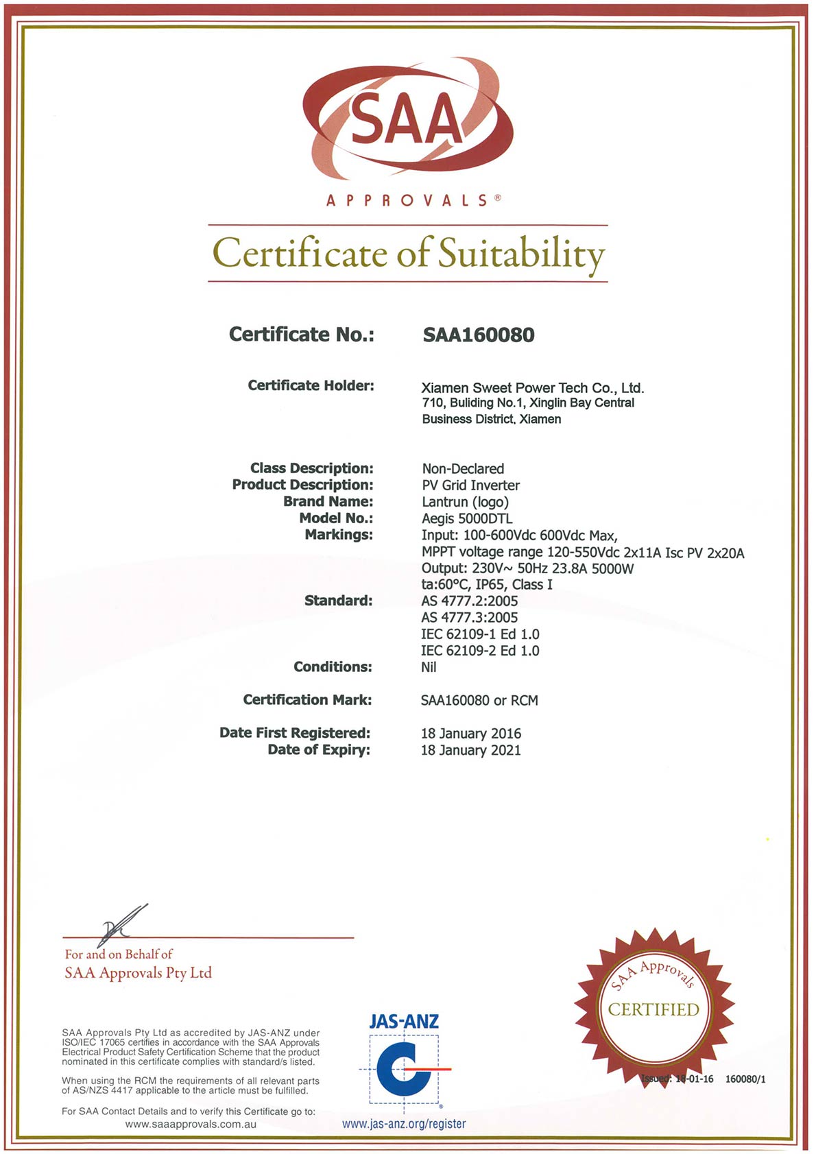 Certificat Aegis 3600_5000DTL SAA